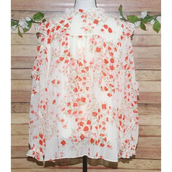 SUGARLIPS Love Bomb Blouse Size 2X Cream Floral Sheer Long Sleeve Ruffles Tie - Picture 9 of 12